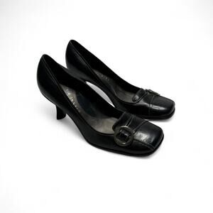 ianni Bini Y2K Leather Squate Toe Kitten Heels Buckle Detail Women’s Size 7 1/2